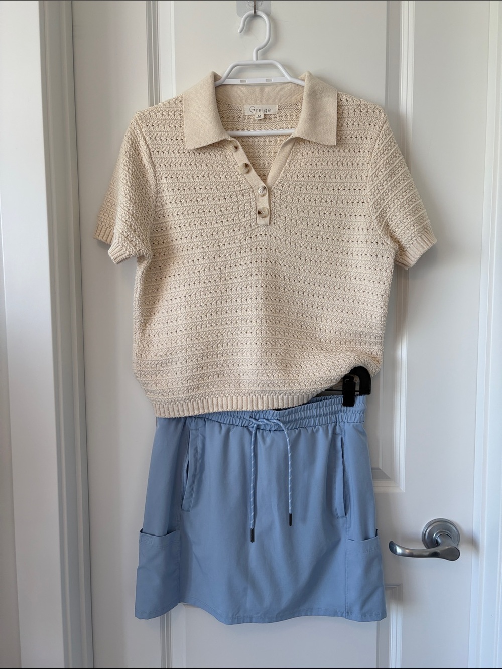 100% Cotton Griege Cream Crocheted Polo Knit Top - Short Sleeve
